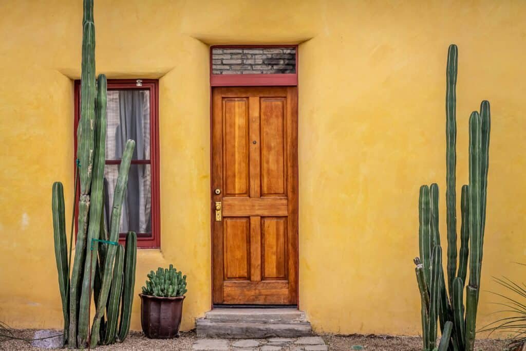 Rustic wooden door set in a vibrant yellow adobe wall, framed by tall green cacti and a potted succulent.